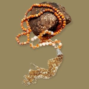 Hand Crafted Glass Bead and Austrian Crystal Gold Tone Tassel Necklace